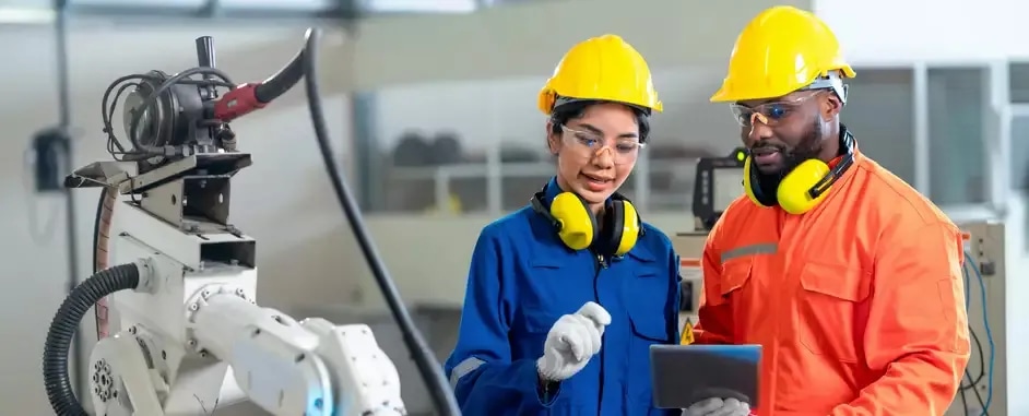 Two engineers in overalls and hard hats look at tablet next to robotic arm 