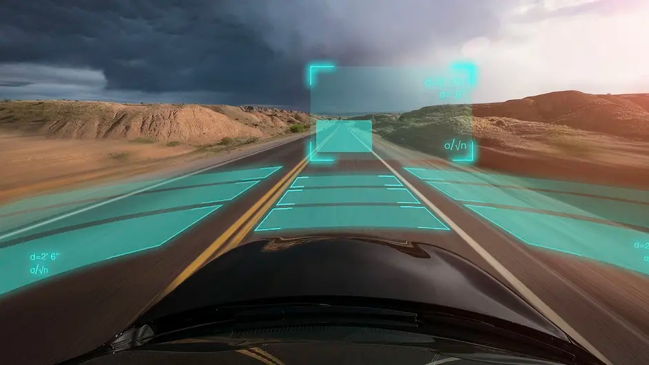 First person view of a car driving with a HUD